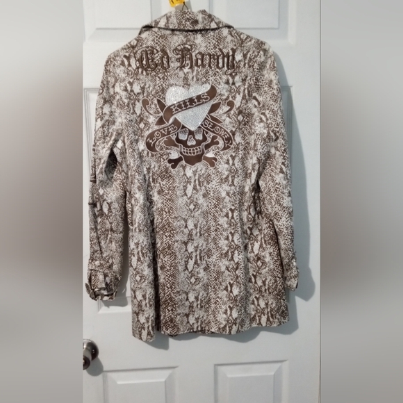 Ed Hardy Brown Snake Print Embroirdered Trench Coat - Picture 1 of 5